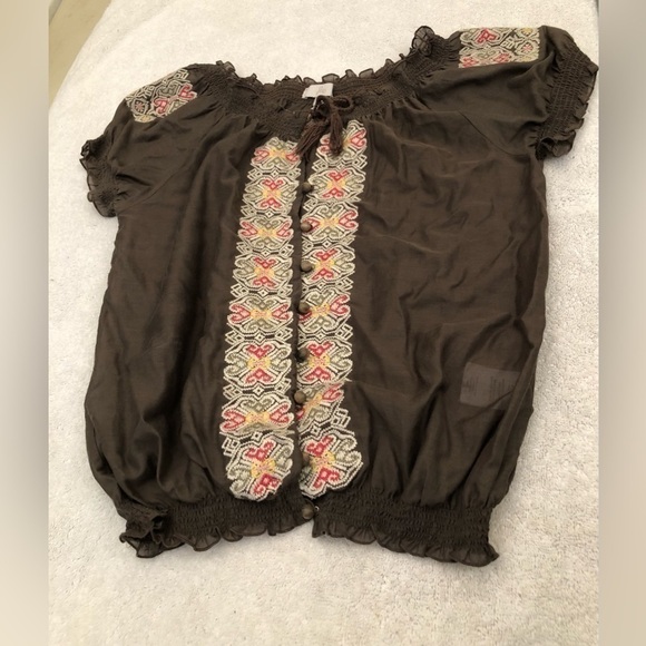 Joie Brown Embroidered Wooden Buttons Silk Blend Short Sleeve Blouse Top Small - Picture 13 of 16